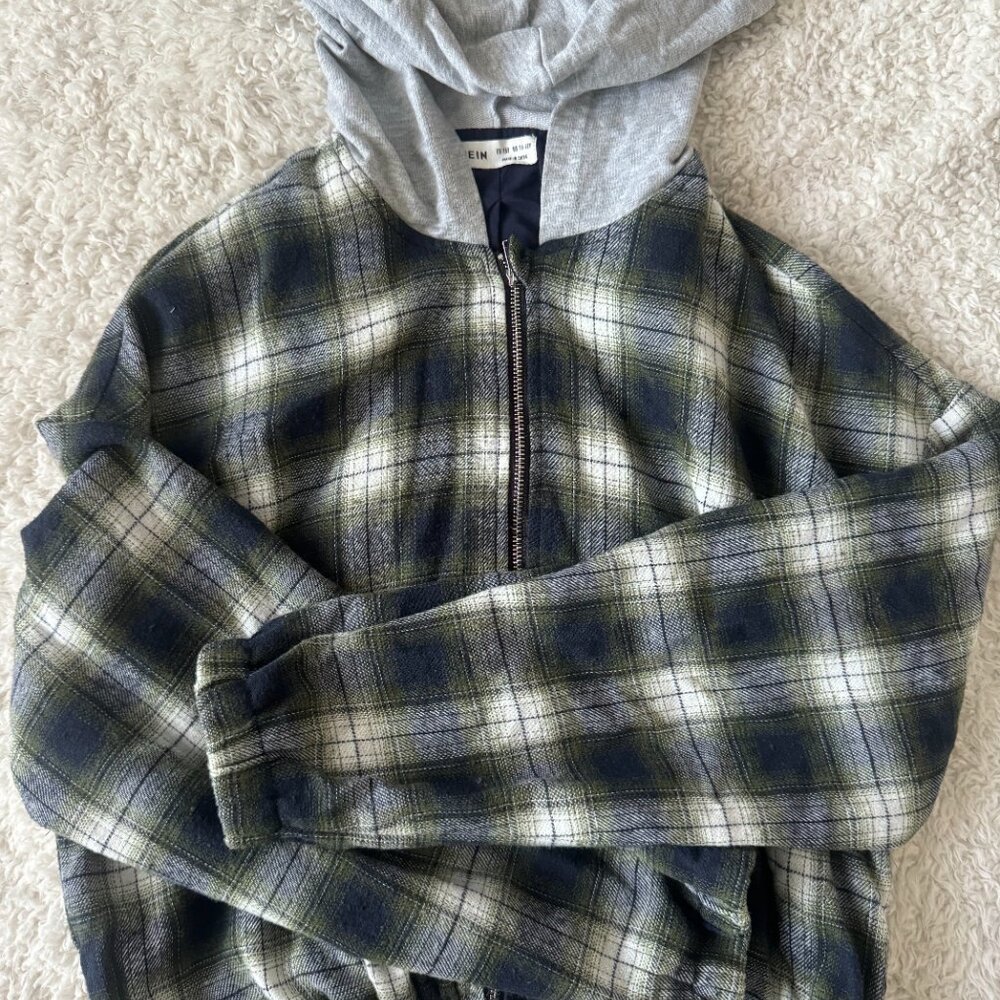 Green and Blue Zip Up Plaid Flannel Hoodie